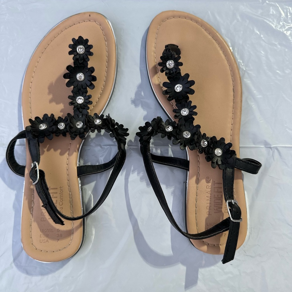Black Flower Sandals, Size 7, Primark
